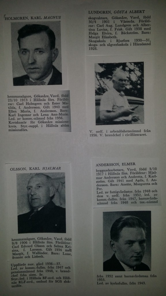 1956 satt 5 personer i komunalfullmäktige som var boende  eller födda i Göksnåre. Förutom dessa 4 som vi har bild på så var det också Rune Sörehall.